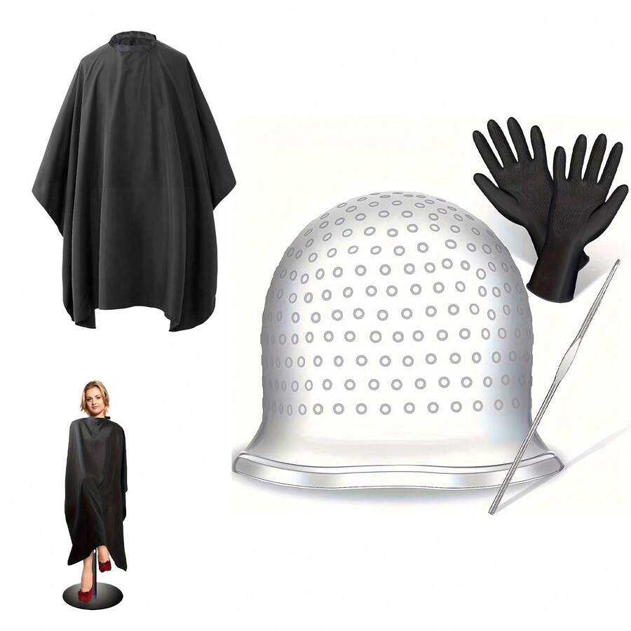 Reusable Silicone Highlighting Cap, Dyeing Cap, Snap Dyeing Hairdressing Cloth, Highlighting Cap With Gloves For Hair Salons