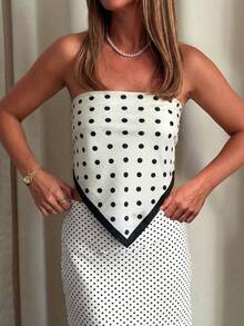 女士新款波点系带抹胸上衣，百搭白色 - 白色 - 查看 4