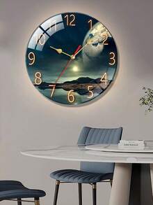 1个静音圆形木质挂钟 - 地球景观设计，电池供电，适用于客厅或厨房的装饰时钟，现代风格，挂钟装饰 - 彩色 - 查看 3