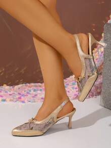 女士优雅蕾丝尖头蝴蝶结高跟凉鞋，时尚夏季派对婚礼高跟鞋 - 金色 - 查看 6