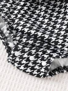 女婴时尚休闲可爱蝴蝶结千鸟格印花圆领短袖连体衣，配发带，夏季 - 黑色 - 查看 6