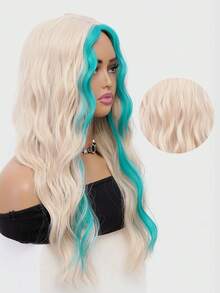 XOUJE 26英寸金色挑染绿色长波浪卷发合成假发，中分，适合女性佩戴。柔软蓬松，轻盈透气，时尚百搭，适合节日、约会、度假、摄影、角色扮演、优雅派对、音乐节、休闲聚会、洛丽塔风格等场合。 - 挑染綠色 - 查看 9