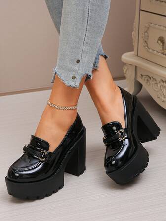 Zapatos de tacón alto con plataforma y suela gruesa de estilo punk para mujer, elegantes tacones altos negros tipo slip-on, adecuados para fiestas, salidas, citas navideñas y otras ocasiones