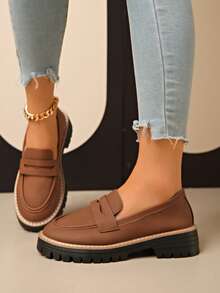 New Loafer Shoes Women Thick Sole Casual Slip-On Shoes, Fashionable, Comfortable, Non-Slip - Brown - View 2