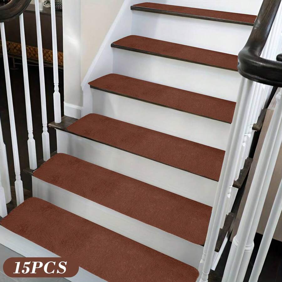 15PCS Extra Long Plush Stair Treads, 7.8x29.5 Inch, 3-Layer Soft Carpet Runner With Laboratory-Tested Strong Grip Backing, Non-Slip Indoor Stair Mats For Wooden & Tile Stairs, Washable Home Safety Upgrade For Families, Easy Trim To Fit, Pet-Friendly & Durable - màu nâu - Xem 1