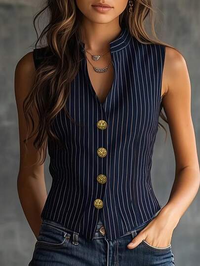 Blusa sin mangas a rayas con botones dorados y cuello alto, corte regular para mujer