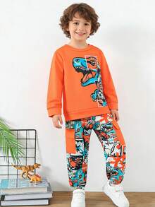 Conjunto casual de 2 piezas de top de manga larga con cuello redondo + pantalones cargo con estampado de dinosaurio para niño pequeño, adecuado para actividades al aire libre, deportes, primavera y otoño - Naranja - Ver 2