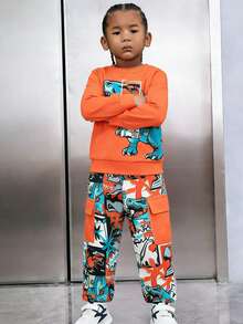 Conjunto casual de 2 piezas de top de manga larga con cuello redondo + pantalones cargo con estampado de dinosaurio para niño pequeño, adecuado para actividades al aire libre, deportes, primavera y otoño - Naranja - Ver 3