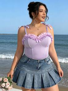 Lavender Ruffle Flower Bustier Bodysuit - Beach Vacation Sweetheart Corset Top - Mauve Purple - View 3