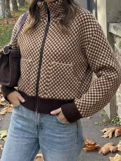Women Autumn Winter Checkered Knit Zip Up Jacket Vintage Stand Collar Long Sleeve Casual Cardigan