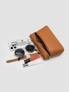 1 pieza de bolso de hombro cuadrado de PU con textura de lichi en color sólido, bolso pequeño para mujer, adecuado para combinar con la moda diaria, salidas, compras, fiestas, bolso elegante - Marrón 2 - Ver 8