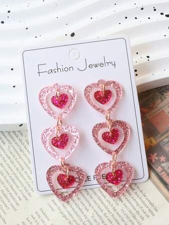 1 par de aretes de corazón de acrílico lindos, aretes personalizados dulces de color rosa, regalo para fiesta del Día de San Valentín