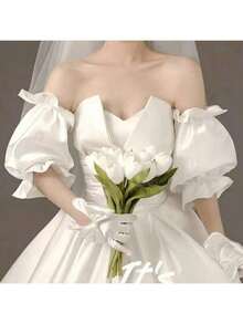 1 Pair White Short Satin Puff Sleeve Bridal Arm Warmers With Elastic - Multicolor - View 2