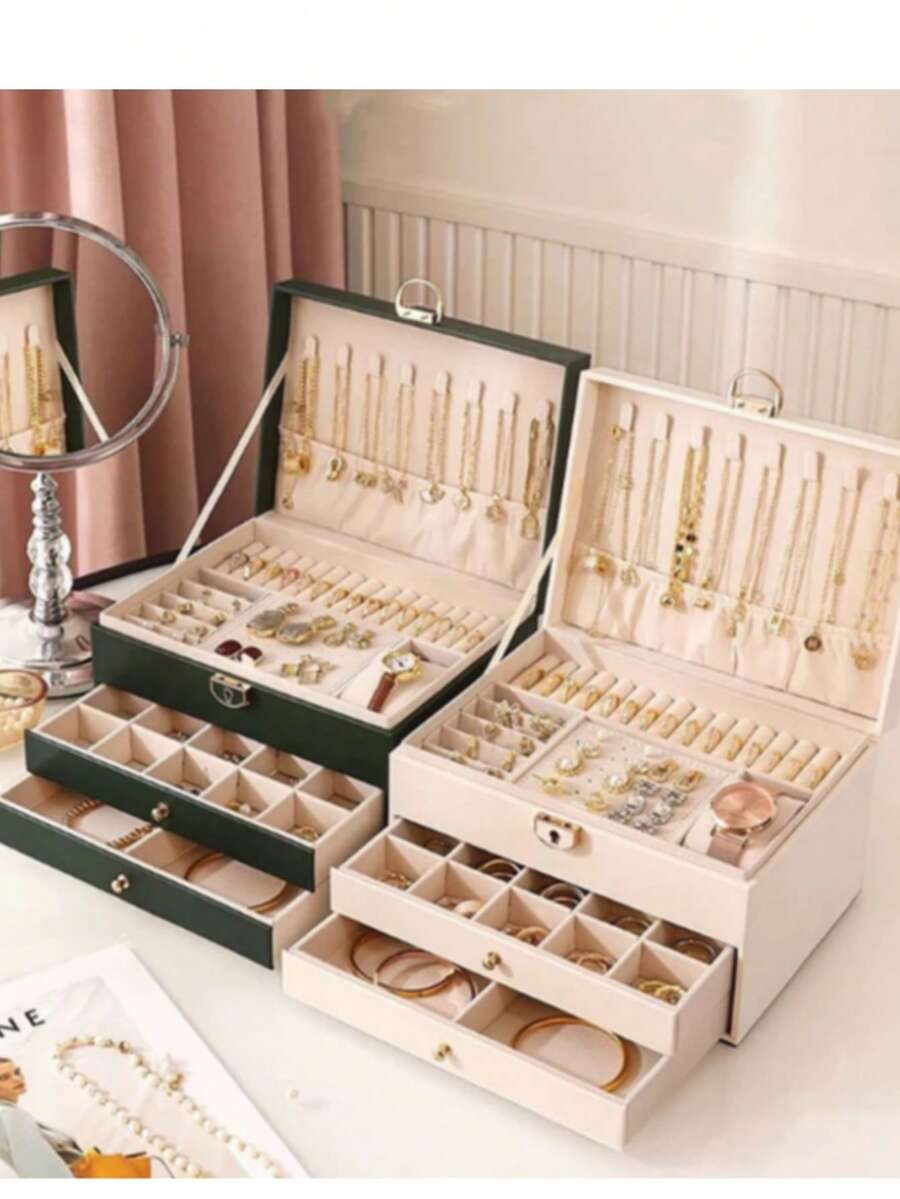 Large 3-Tier Multifunctional Women's Jewelry Box With Drawer - verde 3077 - 查看 1