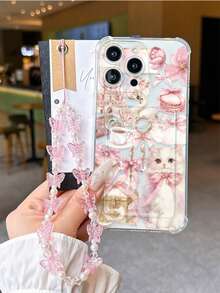 1pc Cute Cat Themed Girly Palace Style Shockproof TPU Phone Case With Lanyard, Compatible With IPhone 16/16 Pro Max, 15, 11, 12, 13, 14, XR, XS, Pro, Max, 13 Pro Max, 15 Plus, 17, 17 Pro Max, Air And Other Models, Card Slot - Pink - View 2