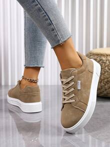1 Pair Women's Lace-Up Solid Color Round Toe Casual Sneakers, Fashion Versatile Flat Skate Shoes (Please Order 1 Size Up From Your Normal Size) - Khaki - View 6