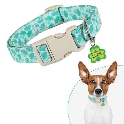 St. Patrick's Day Themed Lucky Green Clover Dog Collar With Quick Release Safety Buckle, Breathable, With Clover Pendant, Suitable For Small/Medium/Large Dogs, Fashionable For Indoor & Outdoor, Perfect Gift For Pet Lovers In Europe And America
