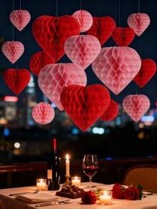 6个/套 - 情人节红色蜂窝心形装饰球，情人节主题纸质蜂窝球，情人节派对装饰蜂窝球，适用于节日、商场、家居、办公室和浪漫装饰。粉色和红色纸质心形蜂窝球，非常适合情人节、生日派对装饰、婚礼派对装饰。 - 彩色 - 查看 9