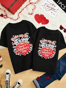 T-shirt imprimé Saint-Valentin pour couples, automne, tissu de haute qualité, design graphique, style hip-hop urbain, respirant - FemmeNoir-1PC - Voir 1