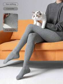 Women's Thick Thermal Lined Leggings With Vertical Stripes, High Elasticity Wool Blend Thermal Tights, Suitable For Autumn/Winter Home, Casual, And Business Wear - Light Grey - View 7