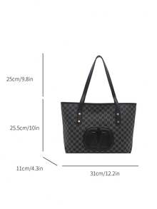 大容量字母印花手提包，绗缝单肩包，女士通勤包 - 黑色 - 查看 5