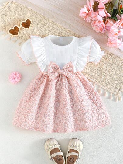 Infant Dress, 3D Floral Print Fabric, Patchwork Ribbed Design, Bow Tie Puff Sleeve Round Neck Dress, Suitable For Outdoor Play