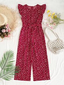 Tween Girls Valentine's Day Fashion Heart Print Frill Trim Sleeveless Jumpsuit + Belt - Burgundy - View 2