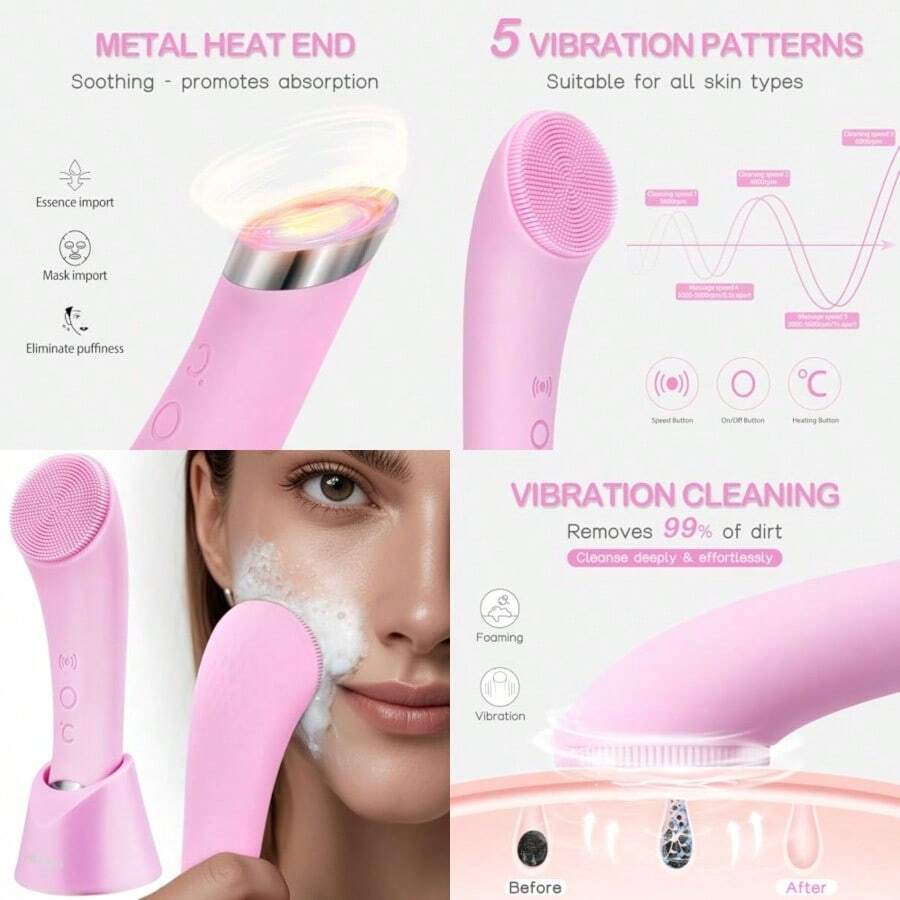 2026 Facial Cleansing BrushPRITECH Facial Cleansing Brush Rechargeable Silicone Face Scrubber With Heat Massage D Vibrating Exfoliator Scrubber For Deep Cleaning Waterproof Face Brush For Wom And M Pink - 粉色 - 查看 1