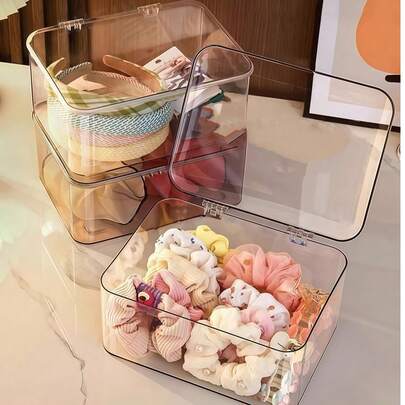 1pc Transparent Dust-Proof Flip Cover Storage Box, Suitable For Hair Clips, Headbands, Elastic Bands, Desktop Organizer, Stackable Drawers, Applicable For Vanity, Bathroom, Gift For Girlfriend,Room Decor