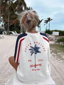 Nueva camiseta de mujer de manga corta y cuello redondo, casual, con diseño de estampado de lema de palmera simple y versátil, adecuada para uso diario. Camiseta de mujer con estampado gráfico de estilo de vacaciones y manga raglán. - Azul y blanco - Ver 3