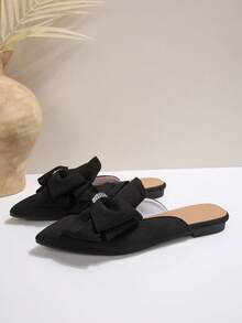 黑色平底拖鞋，饰有蝴蝶结，尖头无后跟乐福鞋，女士春秋新款休闲拖鞋，优雅的驾驶鞋，适合办公室/通勤穿着。 - 黑色 - 查看 10