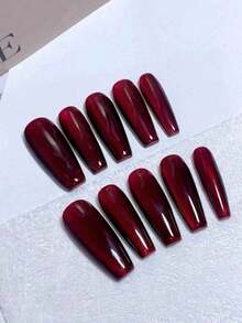 10片手工制作的酒红色长T字形假指甲，酷炫的黑色底色搭配深红色渐变，甜美又酷炫，辣妹风格美甲。 - 酒紅色 - 查看 10