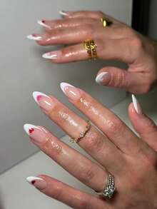 24片Y2K风格短椭圆白色法式美甲贴纸，粉色和红色爱心图案，浪漫少女风，完美搭配亚克力美甲套装，包含：1瓶甲油胶和1把指甲锉，适合情人节、法式美甲、女性日常、工作、学习和派对等场合。 - 彩色 - 查看 2