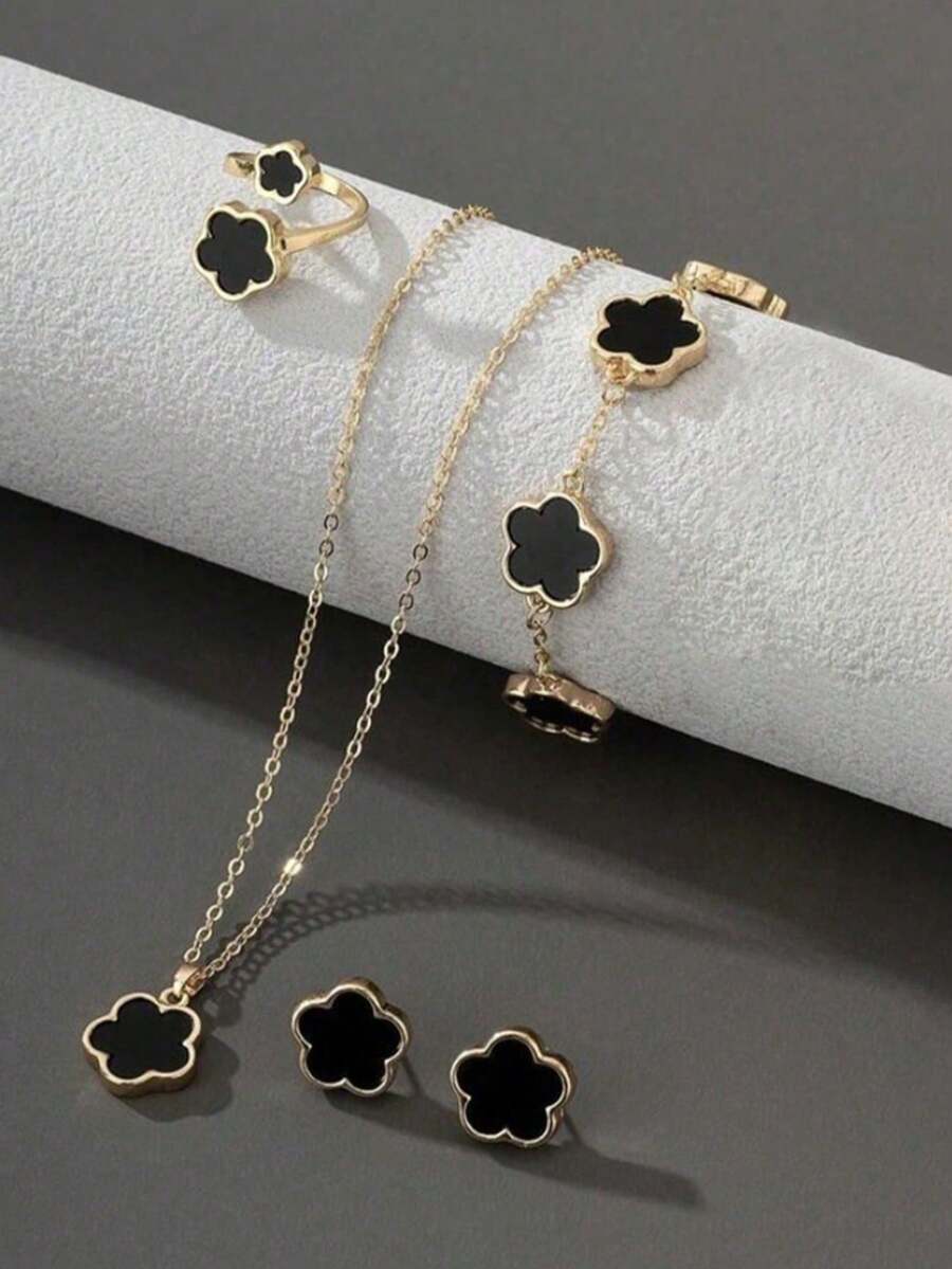 5pcs/Set Teenage Jewelry Set, Includes Clover Pendant Necklace, Bracelet, Earrings, Bangle And Ring, Elegant Fashion Gift Set