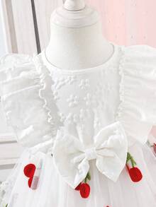 0-3 Years Old Girls Cute Mesh Princess Fairy Dress, Bow Lace Trim Cherry Embroidery Mesh Skirt, Back Closure, Suitable For Outings, Photo Shoots, Parties - White - View 3