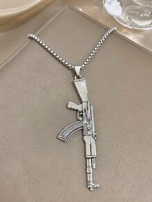 Silver Rifle Pendant Necklace With Chunky Chain, Bold Weapon Pendant Necklace, Fashion Punk Hip Hop Jewelry Gift For Boyfriend, Birthday And Casual Styling, Unisex,Valentine's Day Gift - Multicolor - View 4