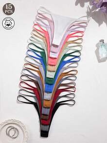 15pcs Solid Color Comfortable Cotton Women's Thong Panties - Multicolor - View 3