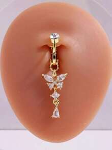 1pc Pink Butterfly Shaped Fake Belly Button Ring, Women Jewelry - Gold - View 1