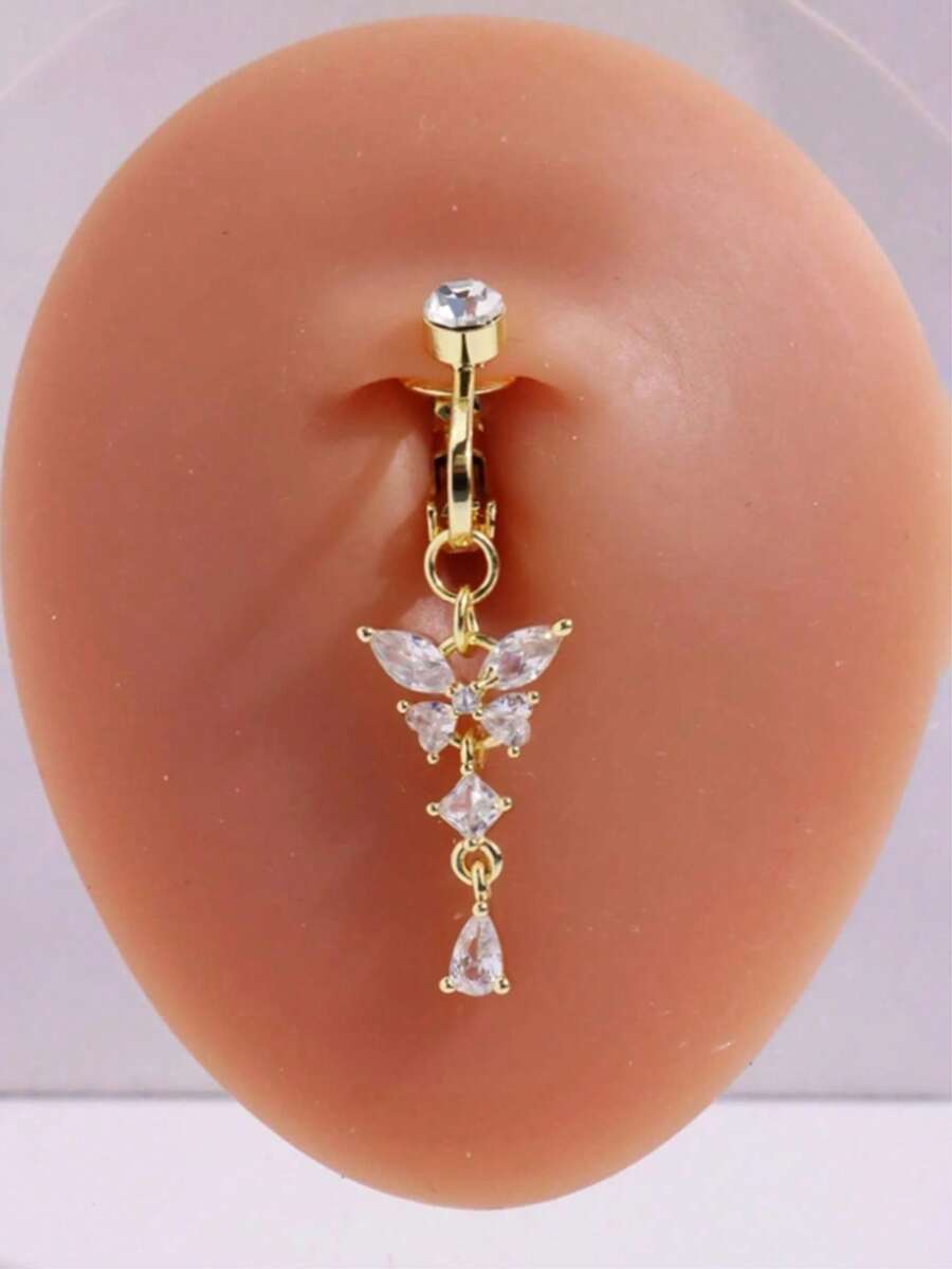 1pc Pink Butterfly Shaped Fake Belly Button Ring, Women Jewelry - Gold - View 1