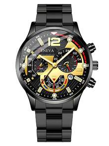 Reloj casual deportivo de hombre con banda de acero de aleación y calendario, adecuado para la vida diaria - Negro - Ver 5
