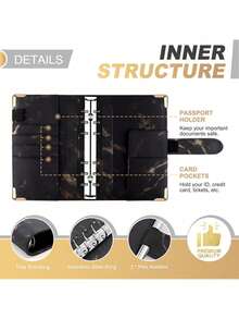 1个A6 PU皮革大理石纹笔记本活页夹预算计划本现金收纳本，带拉链信封口袋和贴纸 - 彩色 - 查看 4