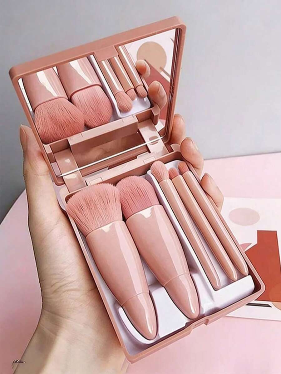 5pcs Portable Makeup Brush Set With Mirror, Boxed Makeup Brush Set, Multi-Function Powder Brush, Blush Brush (With Mirror Case), Mini Multi-Function Powder Brush, Foundation Brush, Eyeshadow Brush, Blending Brush, Makeup Tool Set, Makeup Brush Set, Makeup Brush Set, Makeup Brush Set, Complete Makeup Brushes, Makeup Brush Set, Complete Makeup Tools, Makeup Brush Set, Makeup Brush Set, Makeup Gift Set - Pink - View 1