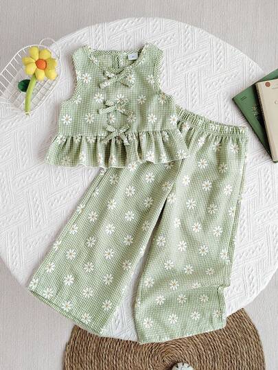 2 piezas Conjunto de top y pantalones de niña con estampado de margaritas y cuadros azules, para verano