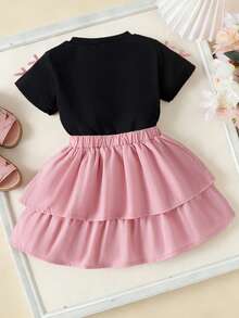 Toddler Girls' Cartoon Print Round Neck Short Sleeve Top And Bubble Skirt Set - Black - View 2