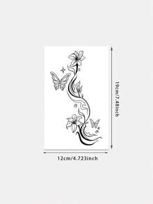 1pc Botanical Temporary Tattoo Sticker, Elegant Floral & Butterfly Inspired Waterproof Temporary Tattoo Sticker, Suitable For Fashion Enthusiasts - Black - View 6