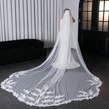 1pc Bridal Veil With Lace Trim And Wavy Edge, Extra Large Trailing Length, Long Wedding Photography Soft Tulle Bridal Accessory