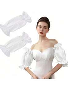 1 双白色短款缎面泡泡袖新娘保暖臂套，带松紧带 - 彩色 - 查看 4