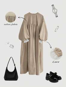 Plus Size Women Casual Solid Color Retro Minimalist Romantic Vacation Elegant Long Sleeve Loose Dress - Khaki - View 1