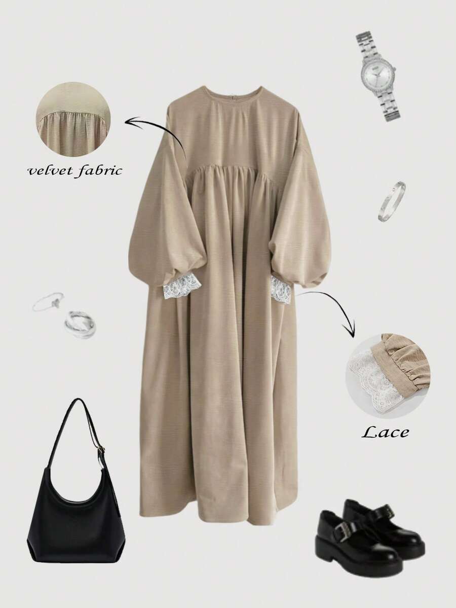 Plus Size Women Casual Solid Color Retro Minimalist Romantic Vacation Elegant Long Sleeve Loose Dress - Khaki - View 1