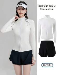 Traje de baño de dos piezas minimalista en blanco y negro para mujer, traje de baño de manga larga premium, conjunto 2 en 1 de falda de playa y pantalones cortos, adecuado para nadar y ciclismo - Blanco y Negro - Ver 8